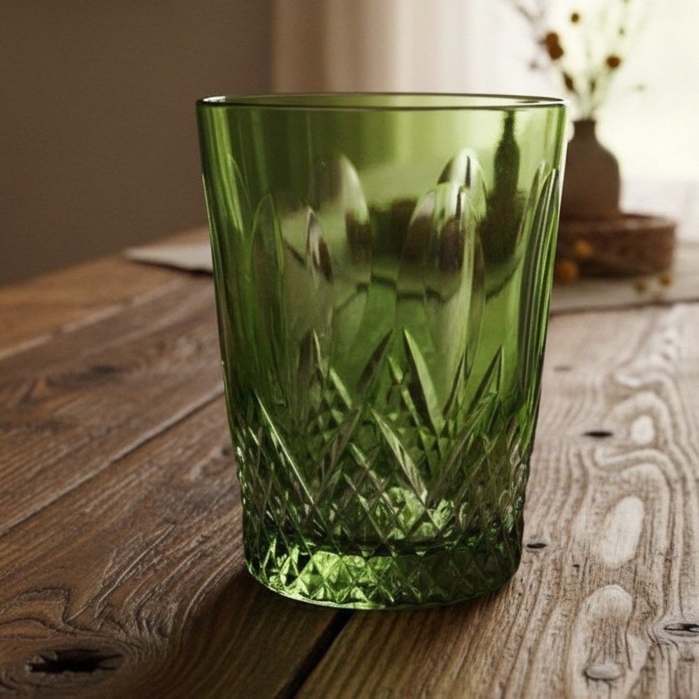 Nachtmann Traube Green Lowball Tumbler, Cut Crystal Rocks Glass, Emerald Barware